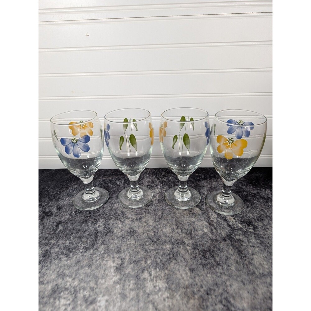 4 Maxam Vtg Italy Libbey Hand Painted Italian New Daisy Goblets 7"